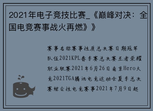 2021年电子竞技比赛_《巅峰对决：全国电竞赛事战火再燃》》